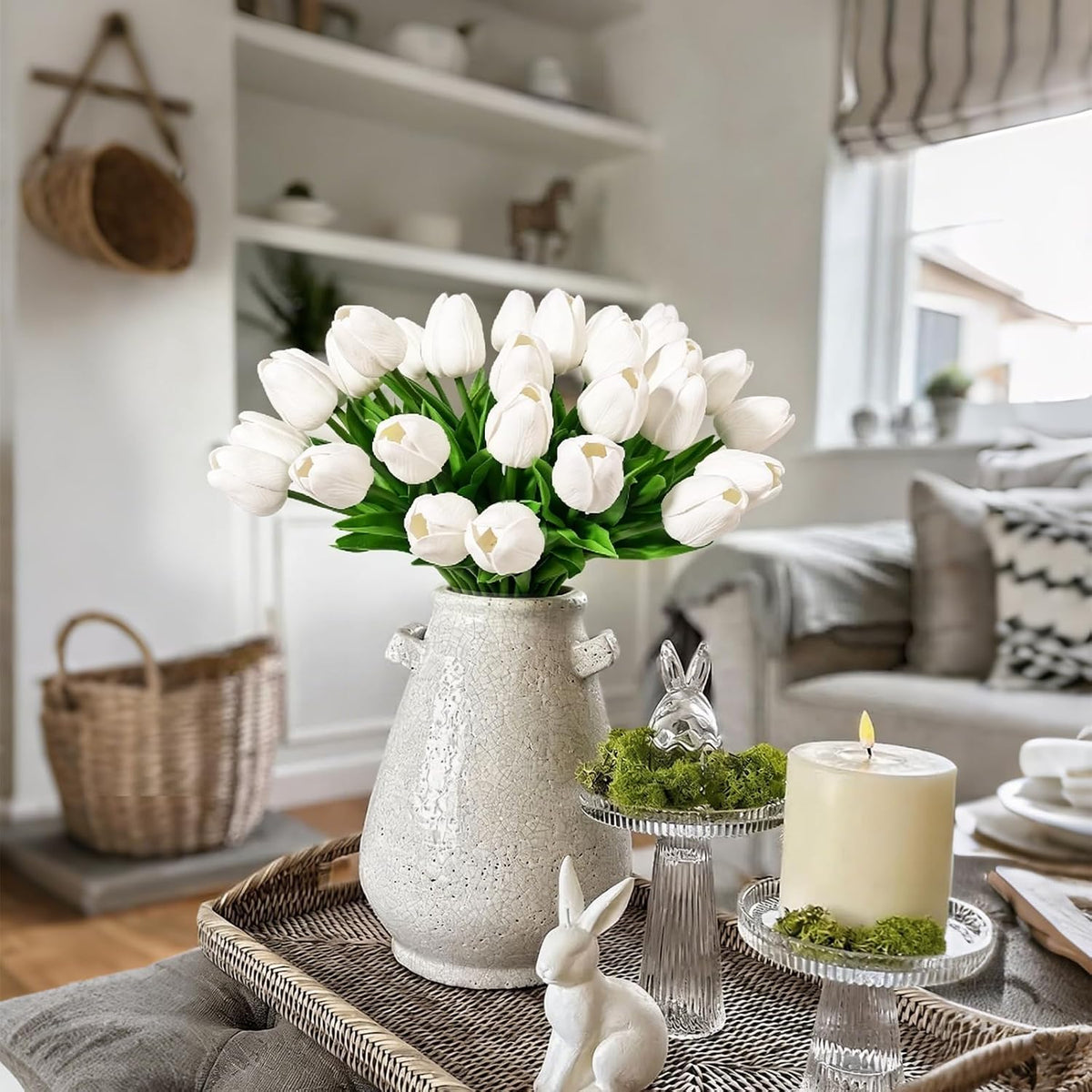 White Tulips Artificial Flowers Faux Silk Tulip Real Touch Tulip Fake Flowers Bouquets Arrangements for Mother's Day Easter Spring Flowers Gifts Home Table Decor