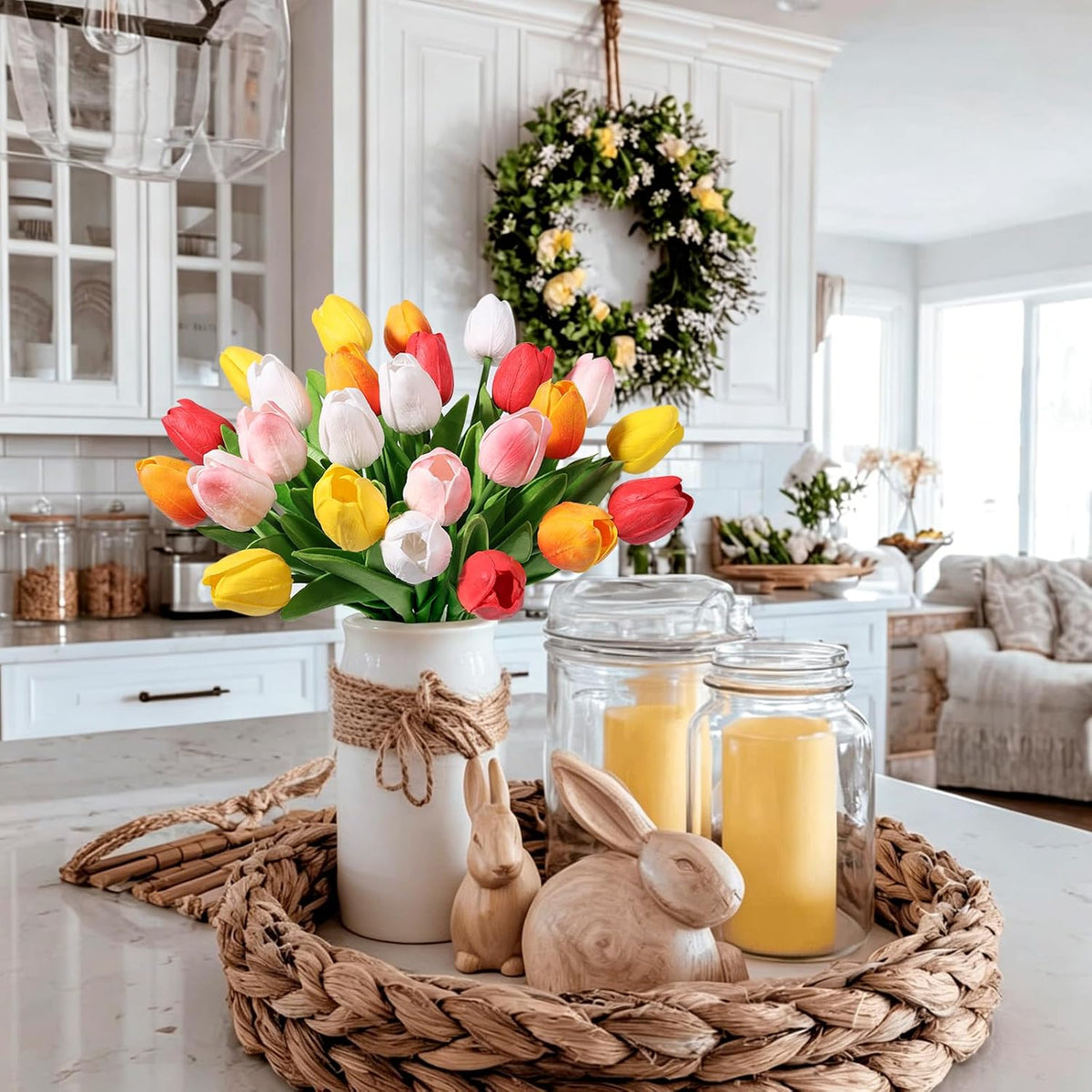 White Tulips Artificial Flowers Faux Silk Tulip Real Touch Tulip Fake Flowers Bouquets Arrangements for Mother's Day Easter Spring Flowers Gifts Home Table Decor