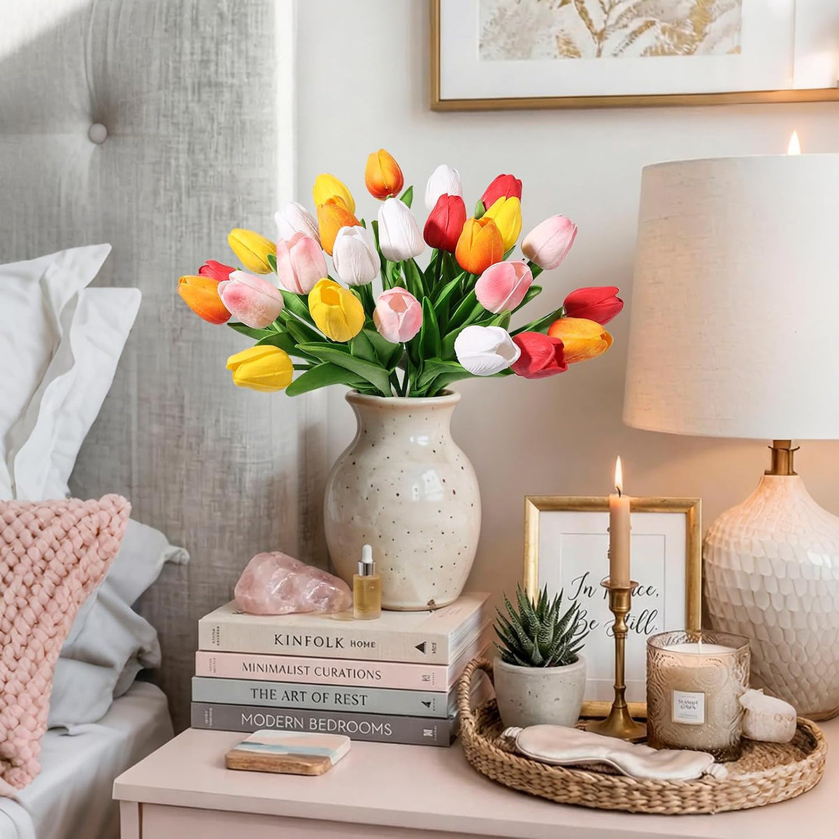 White Tulips Artificial Flowers Faux Silk Tulip Real Touch Tulip Fake Flowers Bouquets Arrangements for Mother's Day Easter Spring Flowers Gifts Home Table Decor