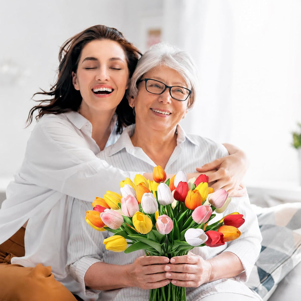 White Tulips Artificial Flowers Faux Silk Tulip Real Touch Tulip Fake Flowers Bouquets Arrangements for Mother's Day Easter Spring Flowers Gifts Home Table Decor