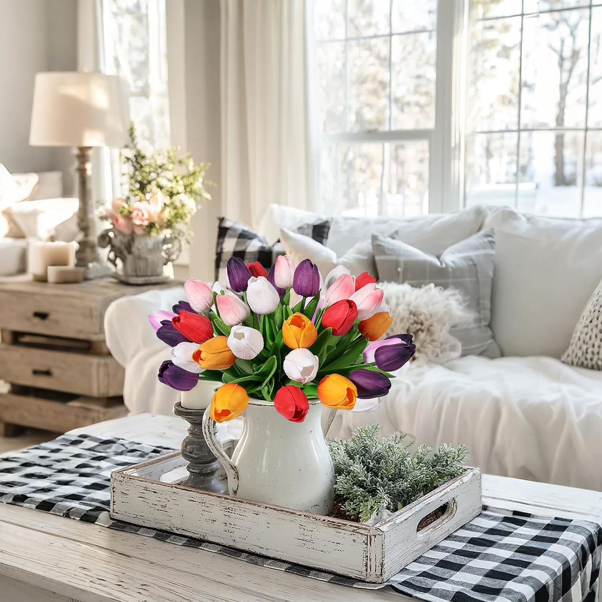 White Tulips Artificial Flowers Faux Silk Tulip Real Touch Tulip Fake Flowers Bouquets Arrangements for Mother's Day Easter Spring Flowers Gifts Home Table Decor