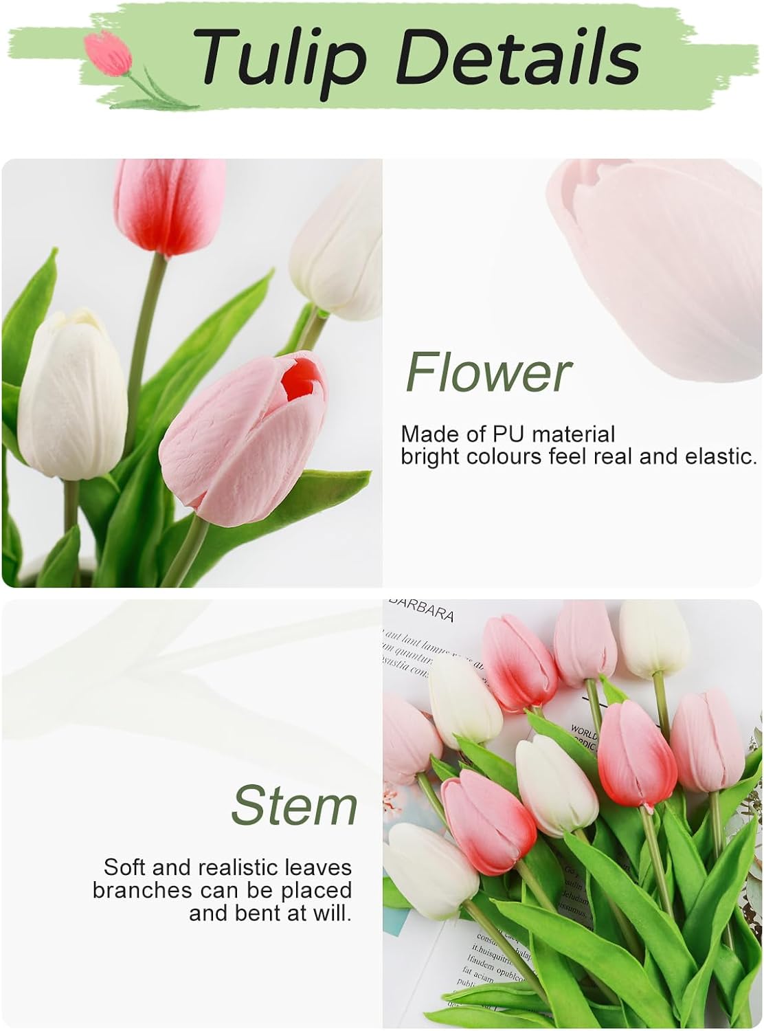 White Tulips Artificial Flowers Faux Silk Tulip Real Touch Tulip Fake Flowers Bouquets Arrangements for Mother's Day Easter Spring Flowers Gifts Home Table Decor