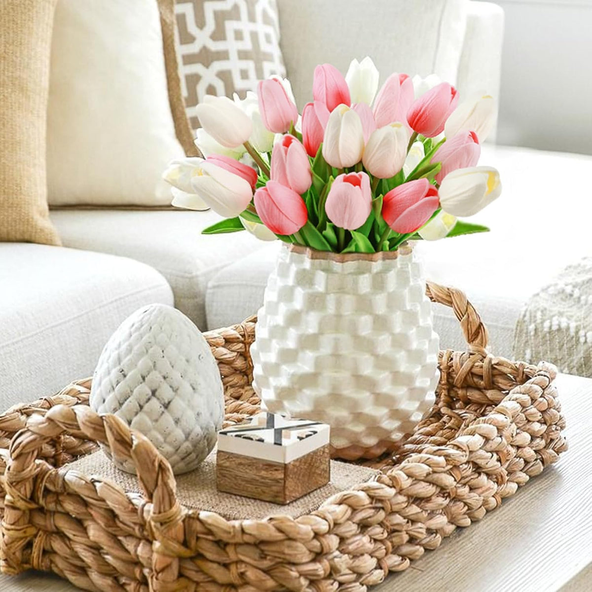 White Tulips Artificial Flowers Faux Silk Tulip Real Touch Tulip Fake Flowers Bouquets Arrangements for Mother's Day Easter Spring Flowers Gifts Home Table Decor