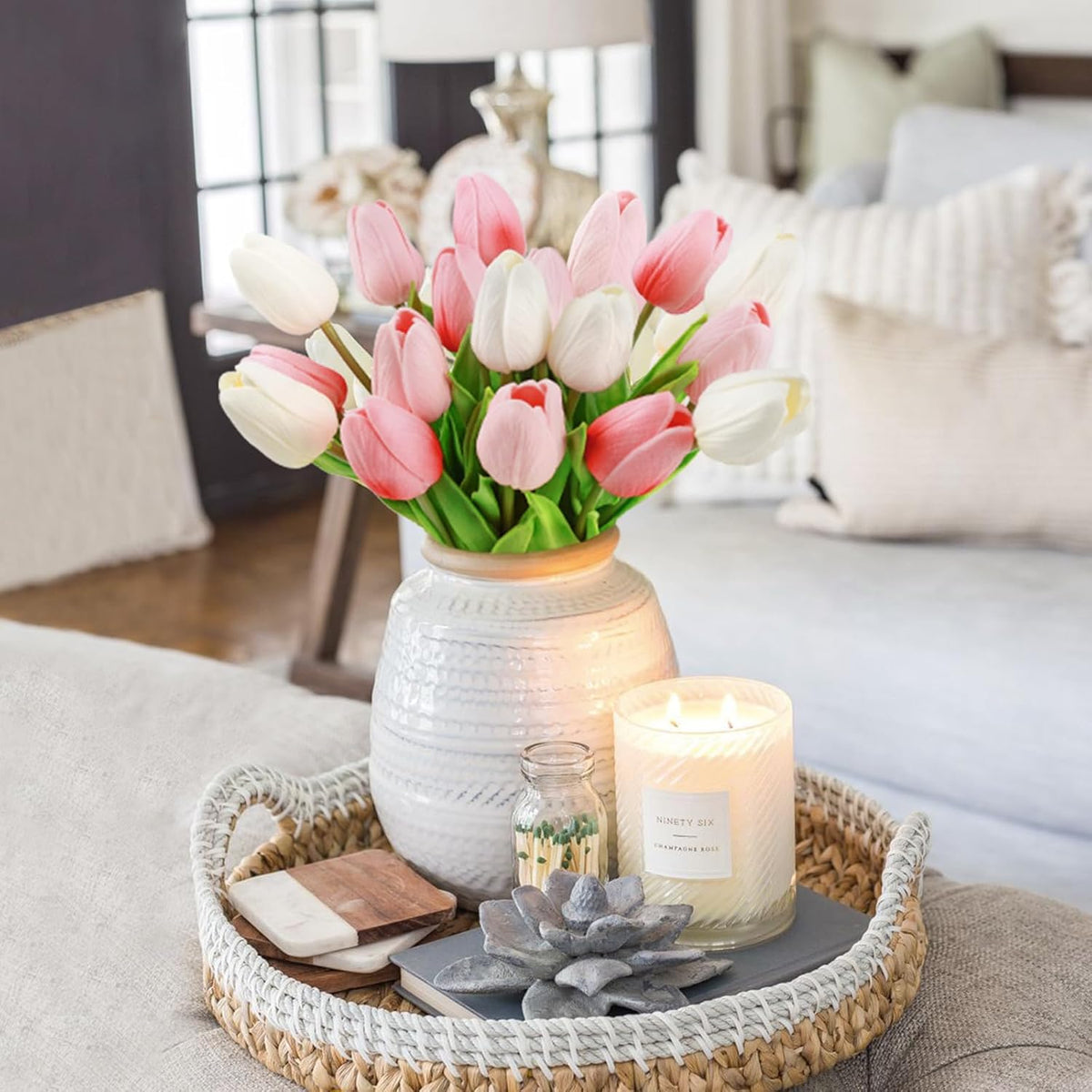 White Tulips Artificial Flowers Faux Silk Tulip Real Touch Tulip Fake Flowers Bouquets Arrangements for Mother's Day Easter Spring Flowers Gifts Home Table Decor