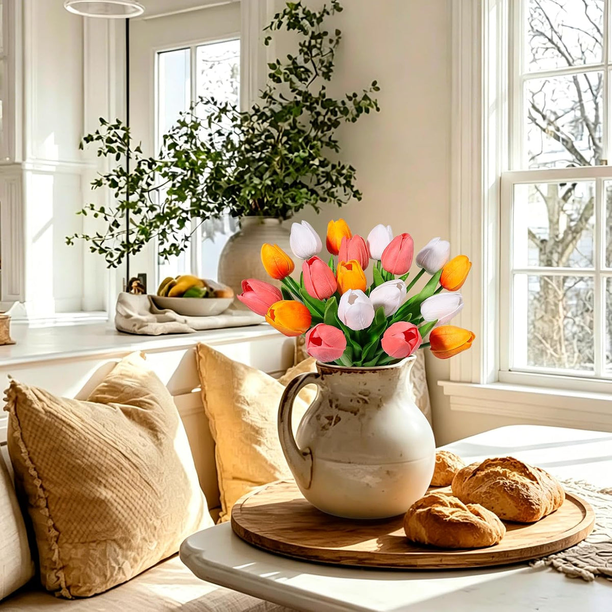 White Tulips Artificial Flowers Faux Silk Tulip Real Touch Tulip Fake Flowers Bouquets Arrangements for Mother's Day Easter Spring Flowers Gifts Home Table Decor