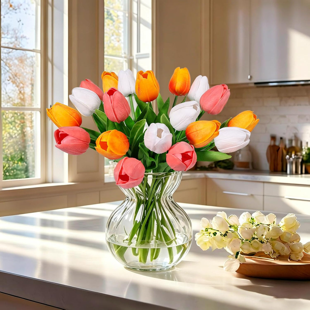 White Tulips Artificial Flowers Faux Silk Tulip Real Touch Tulip Fake Flowers Bouquets Arrangements for Mother's Day Easter Spring Flowers Gifts Home Table Decor