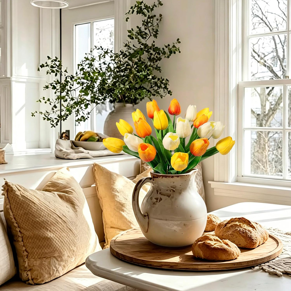 White Tulips Artificial Flowers Faux Silk Tulip Real Touch Tulip Fake Flowers Bouquets Arrangements for Mother's Day Easter Spring Flowers Gifts Home Table Decor