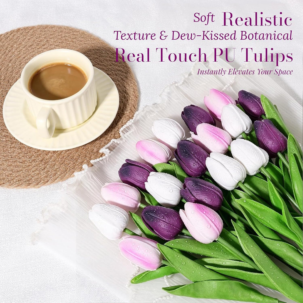 White Tulips Artificial Flowers Faux Silk Tulip Real Touch Tulip Fake Flowers Bouquets Arrangements for Mother's Day Easter Spring Flowers Gifts Home Table Decor