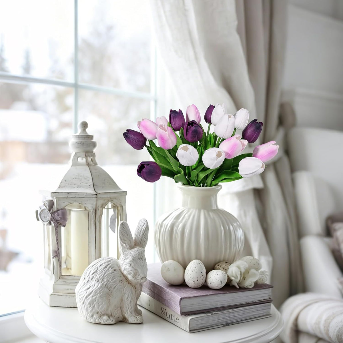 White Tulips Artificial Flowers Faux Silk Tulip Real Touch Tulip Fake Flowers Bouquets Arrangements for Mother's Day Easter Spring Flowers Gifts Home Table Decor