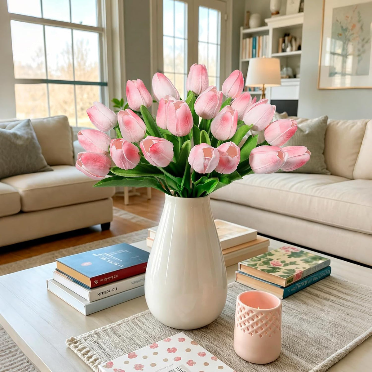 White Tulips Artificial Flowers Faux Silk Tulip Real Touch Tulip Fake Flowers Bouquets Arrangements for Mother's Day Easter Spring Flowers Gifts Home Table Decor