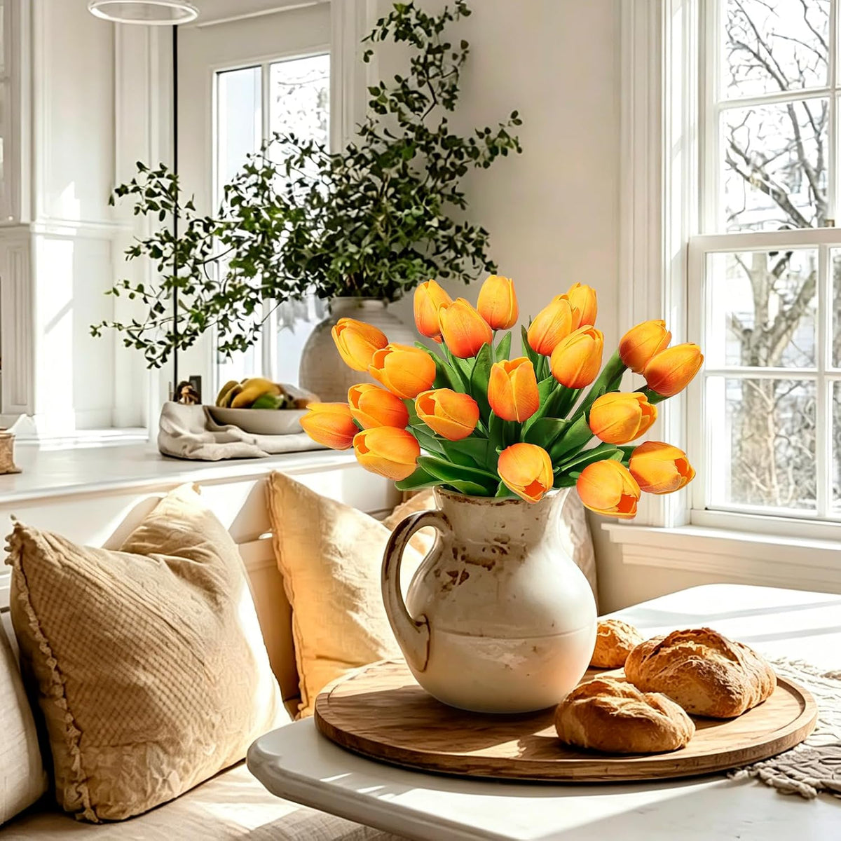White Tulips Artificial Flowers Faux Silk Tulip Real Touch Tulip Fake Flowers Bouquets Arrangements for Mother's Day Easter Spring Flowers Gifts Home Table Decor