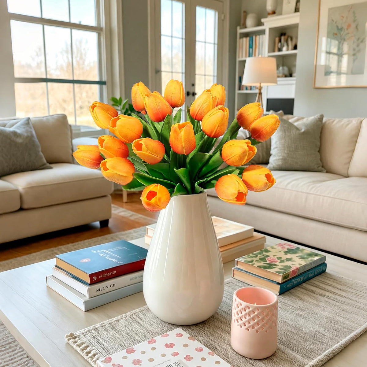 White Tulips Artificial Flowers Faux Silk Tulip Real Touch Tulip Fake Flowers Bouquets Arrangements for Mother's Day Easter Spring Flowers Gifts Home Table Decor