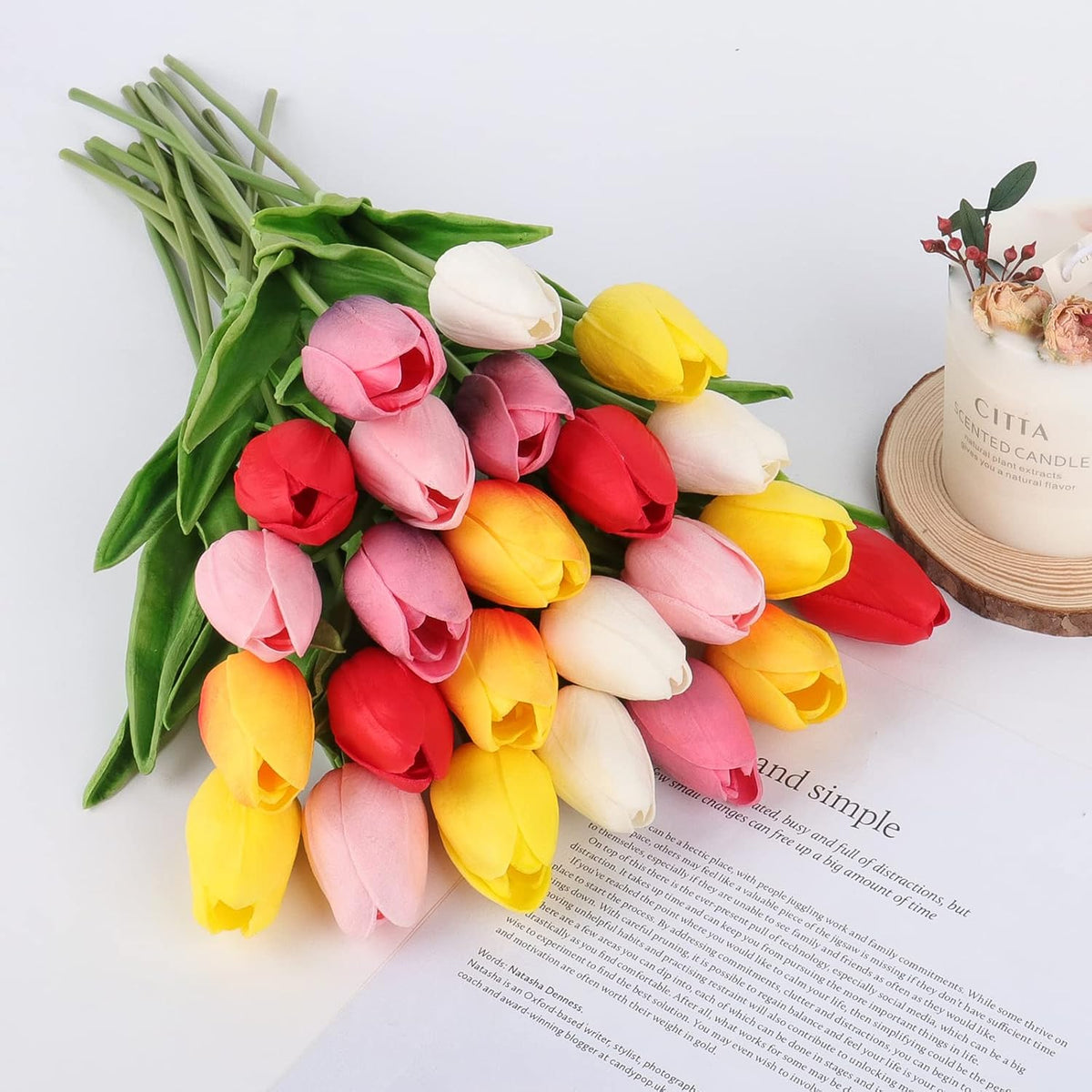 White Tulips Artificial Flowers Faux Silk Tulip Real Touch Tulip Fake Flowers Bouquets Arrangements for Mother's Day Easter Spring Flowers Gifts Home Table Decor