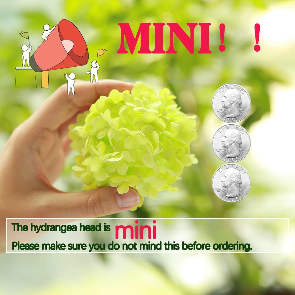 Artificial Hydrangea Flowers 1 Pack Fake Hydrangea Bouquet with 7 Head 3.15” Tiny Hydrangea for Wedding Bouquet Party Home Decor DIY Baby Shower Centerpieces Tables Decoration(Green)