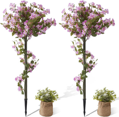 4FT Artificial Bougainvillea Trees with Spikes, 2 Pack Faux Floral Plant Blooming Bush with Spike, 48" Large Fake Tree for Indoor Outdoor Porch Decor