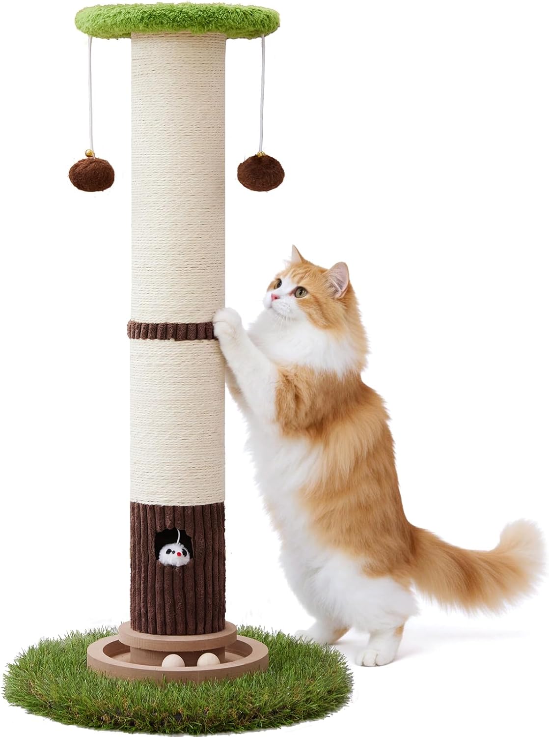 34inches Tall Cat Scratching Post with Cat Ball Track Toy Heavy Duty and Thicker Large Diameter Natural Sisal Cat Scratcher Post for Large Cats and Small Cats Protect Your Furniture