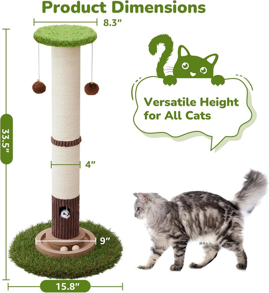 34inches Tall Cat Scratching Post with Cat Ball Track Toy Heavy Duty and Thicker Large Diameter Natural Sisal Cat Scratcher Post for Large Cats and Small Cats Protect Your Furniture