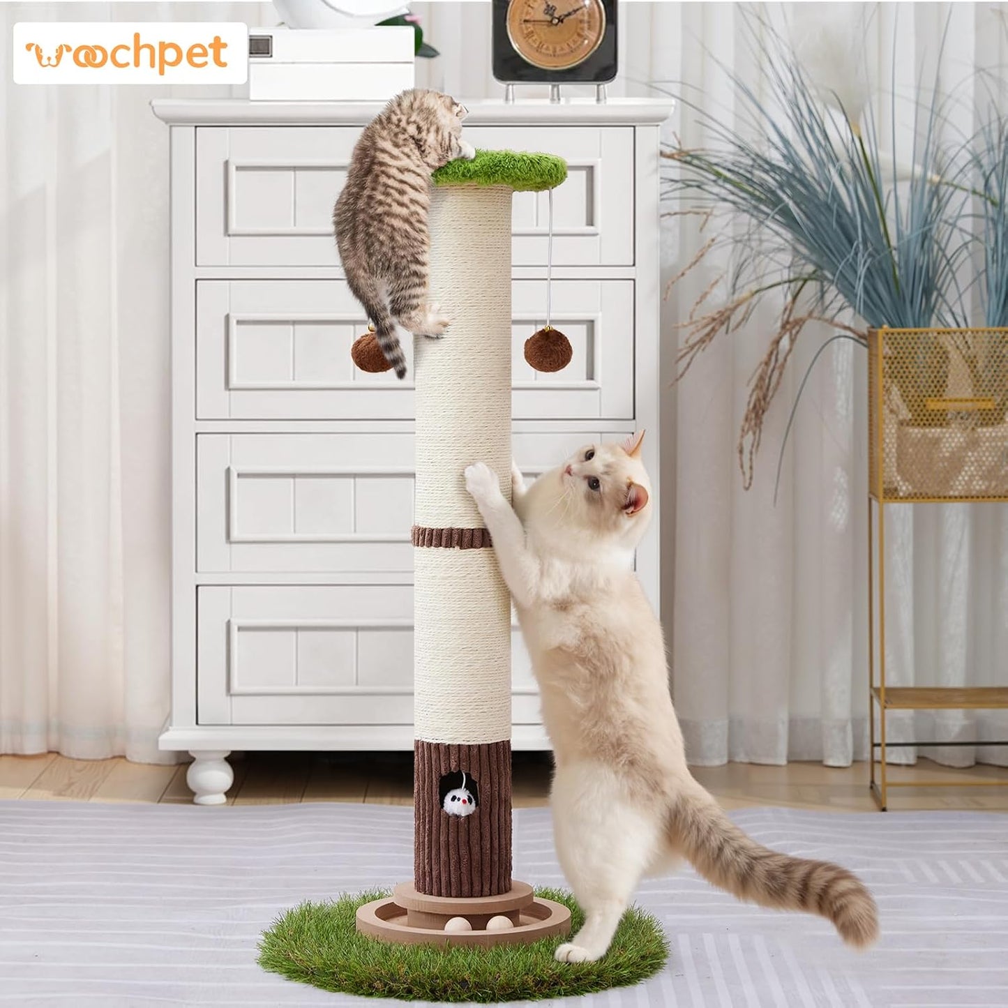 34inches Tall Cat Scratching Post with Cat Ball Track Toy Heavy Duty and Thicker Large Diameter Natural Sisal Cat Scratcher Post for Large Cats and Small Cats Protect Your Furniture