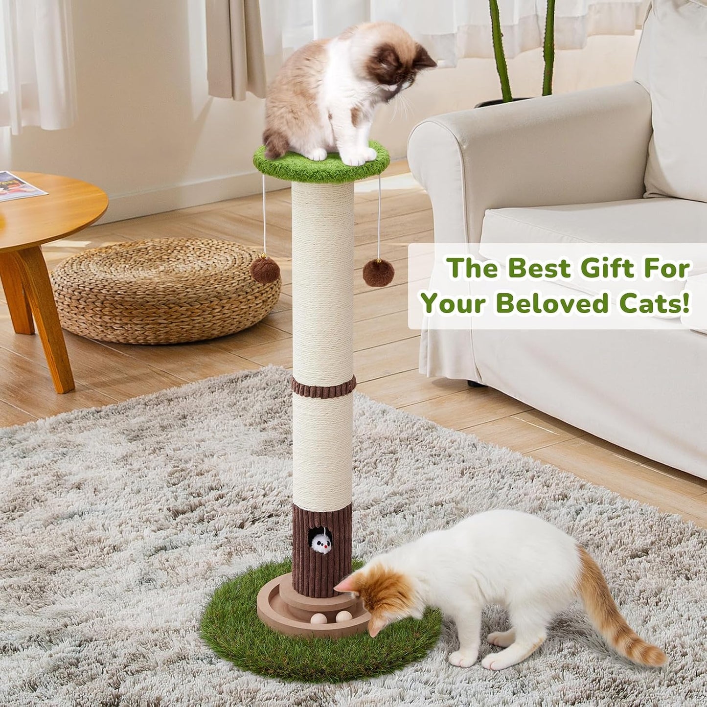 34inches Tall Cat Scratching Post with Cat Ball Track Toy Heavy Duty and Thicker Large Diameter Natural Sisal Cat Scratcher Post for Large Cats and Small Cats Protect Your Furniture