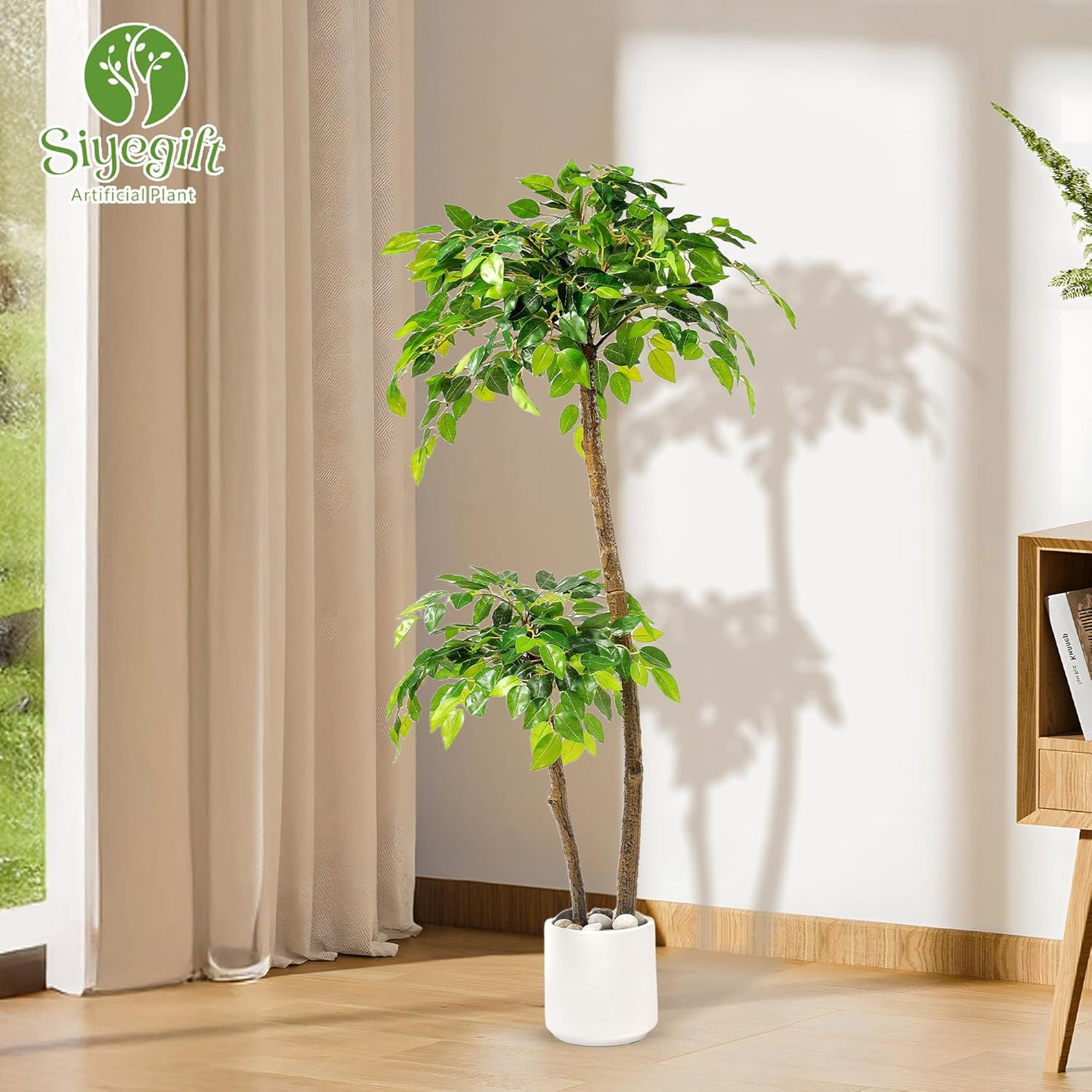 5FT Artificial Ficus Tree with White Planter and Pebbles,Faux Silk Tree with Lifelike Leaves and Realistic Trunk,Tall Fake Potted Plant for Home and Office Décor Indoor and Outdoor (5FT)