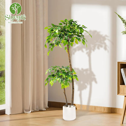 5FT Artificial Ficus Tree with White Planter and Pebbles,Faux Silk Tree with Lifelike Leaves and Realistic Trunk,Tall Fake Potted Plant for Home and Office Décor Indoor and Outdoor (5FT)