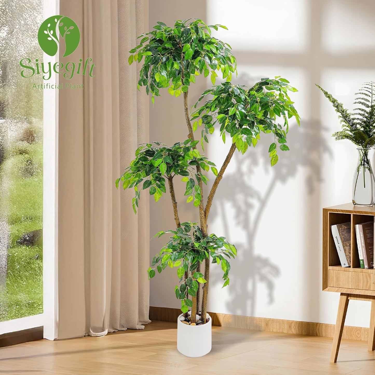 5FT Artificial Ficus Tree with White Planter and Pebbles,Faux Silk Tree with Lifelike Leaves and Realistic Trunk,Tall Fake Potted Plant for Home and Office Décor Indoor and Outdoor (5FT)