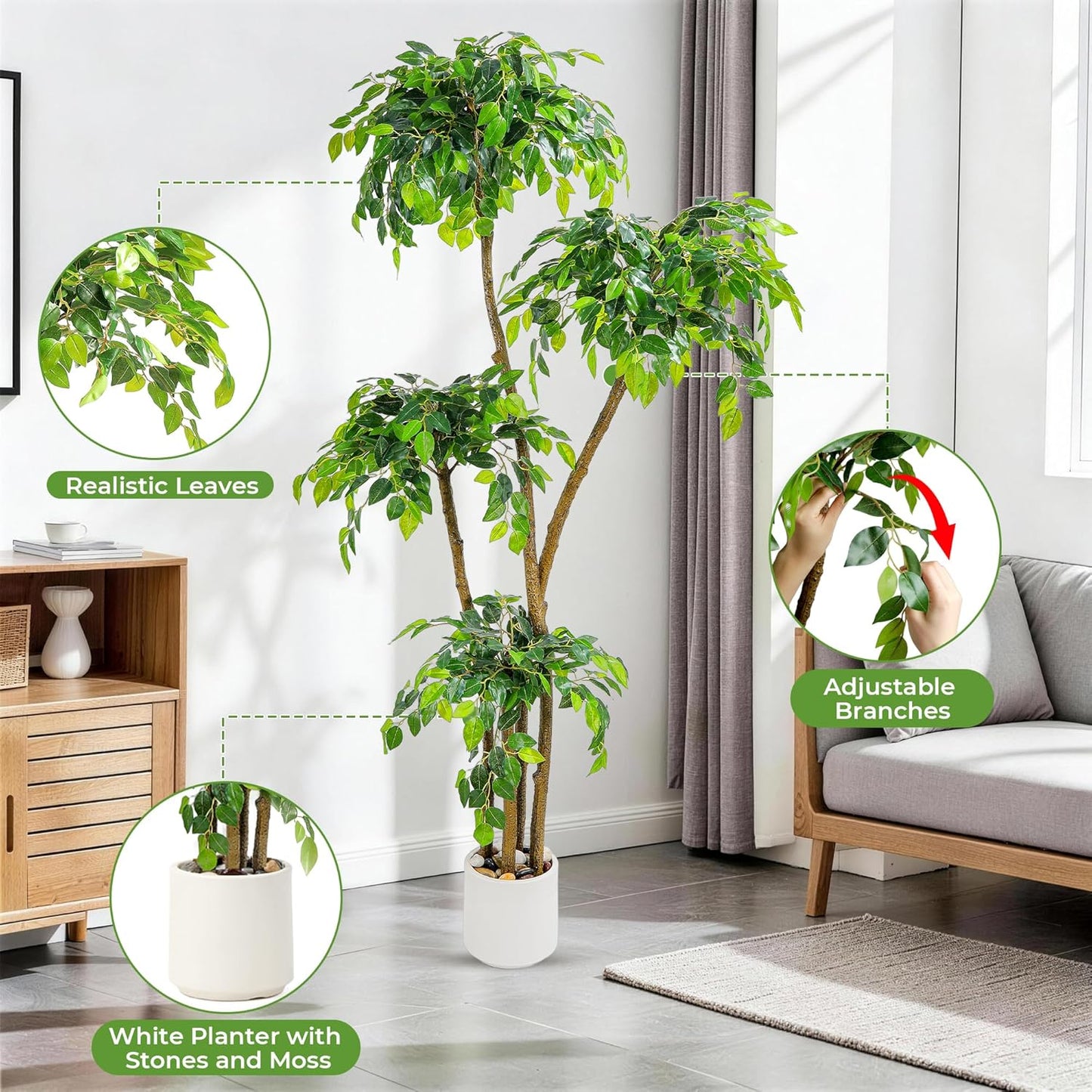 5FT Artificial Ficus Tree with White Planter and Pebbles,Faux Silk Tree with Lifelike Leaves and Realistic Trunk,Tall Fake Potted Plant for Home and Office Décor Indoor and Outdoor (5FT)