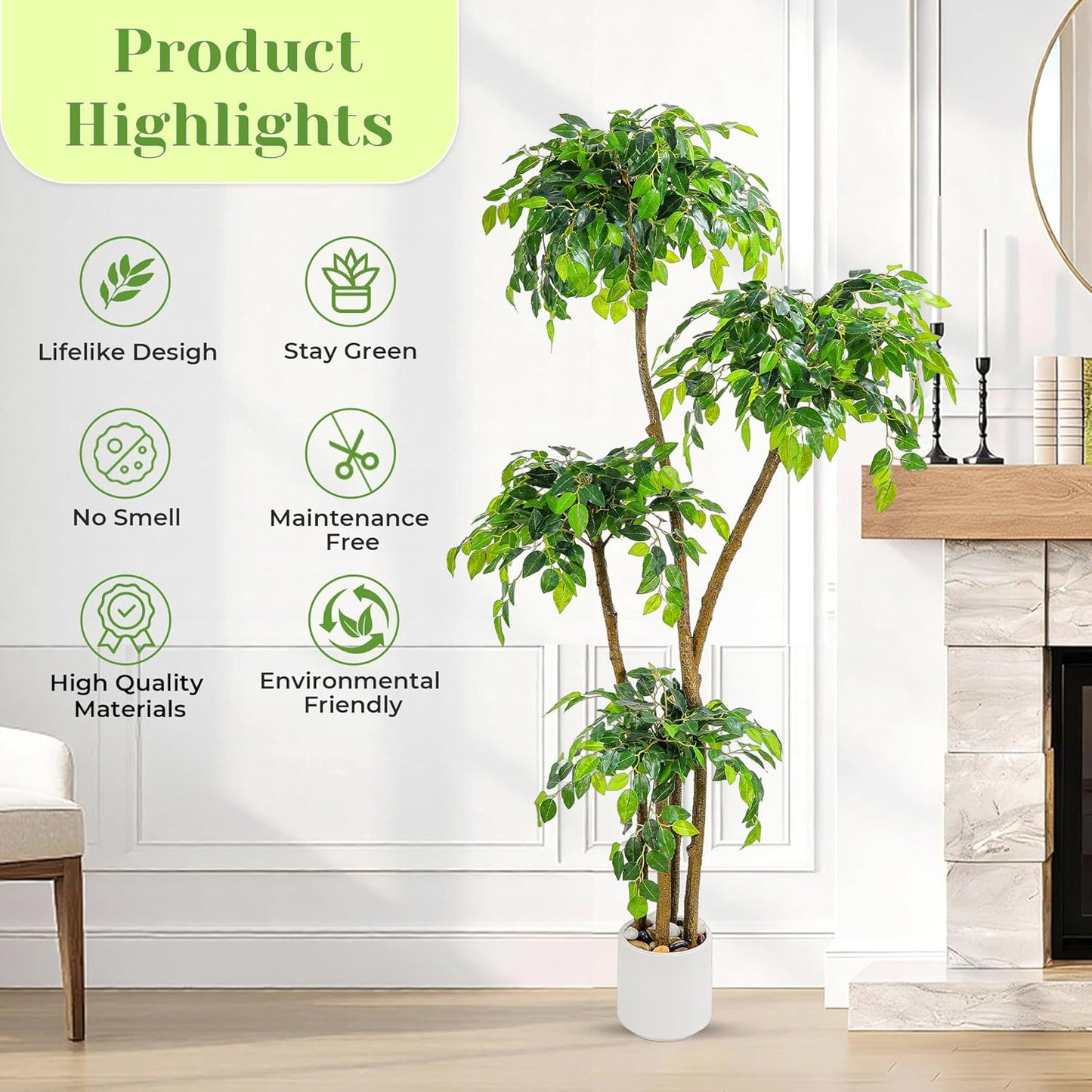 5FT Artificial Ficus Tree with White Planter and Pebbles,Faux Silk Tree with Lifelike Leaves and Realistic Trunk,Tall Fake Potted Plant for Home and Office Décor Indoor and Outdoor (5FT)