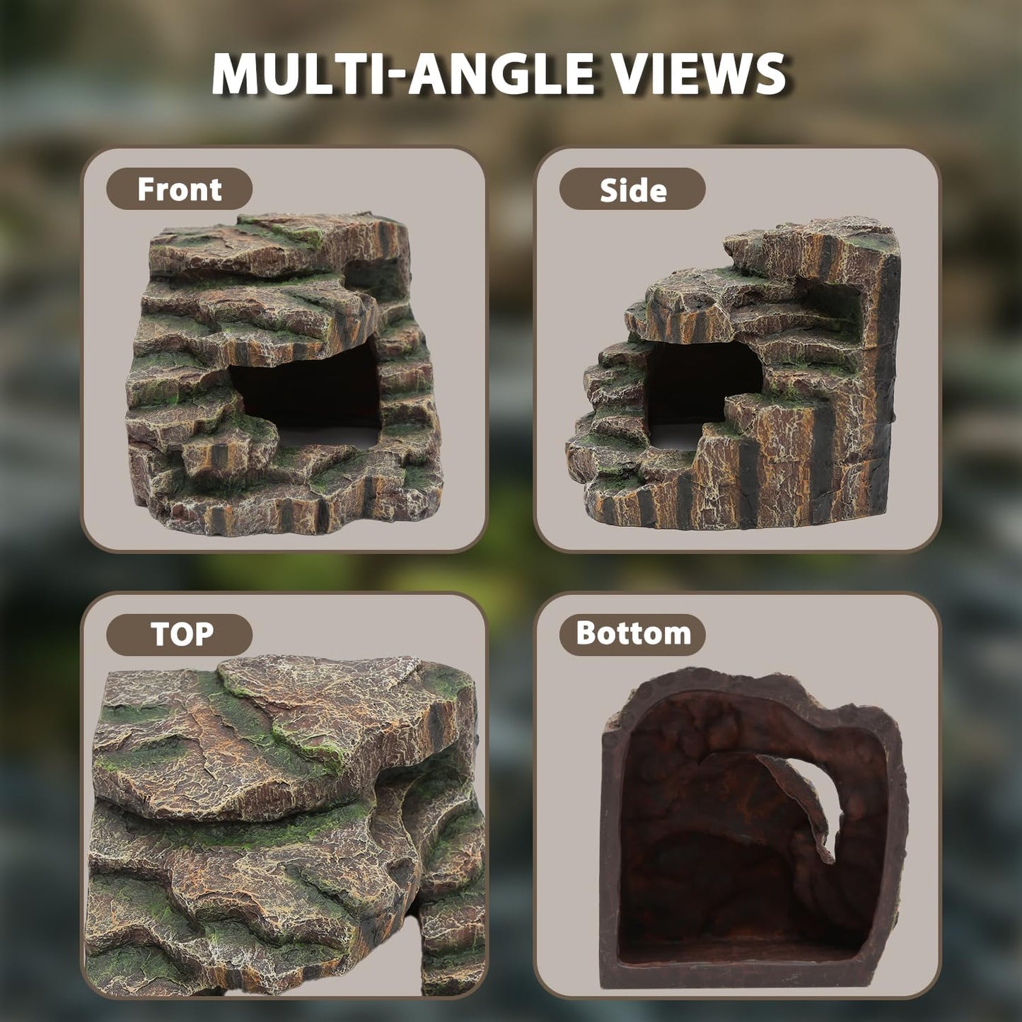 Resin Reptile Cave Hideout, Rock-Style Basking Platform, Aquarium and Terrarium Decor, Ideal for Reptiles, Amphibians and Fish
