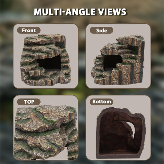 Resin Reptile Cave Hideout, Rock-Style Basking Platform, Aquarium and Terrarium Decor, Ideal for Reptiles, Amphibians and Fish