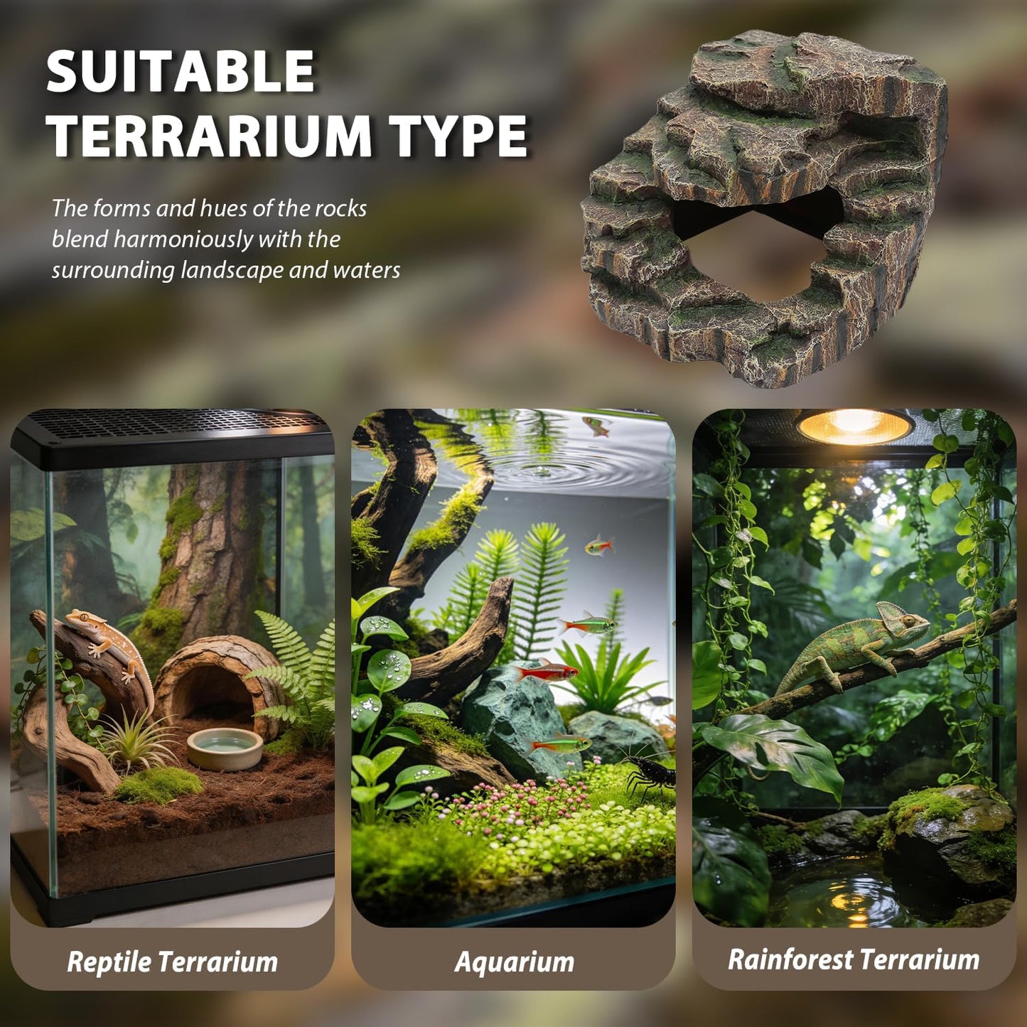 Resin Reptile Cave Hideout, Rock-Style Basking Platform, Aquarium and Terrarium Decor, Ideal for Reptiles, Amphibians and Fish