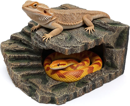 Resin Reptile Cave Hideout, Rock-Style Basking Platform, Aquarium and Terrarium Decor, Ideal for Reptiles, Amphibians and Fish