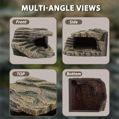 Resin Reptile Cave Hideout, Rock-Style Basking Platform, Aquarium and Terrarium Decor, Ideal for Reptiles, Amphibians and Fish