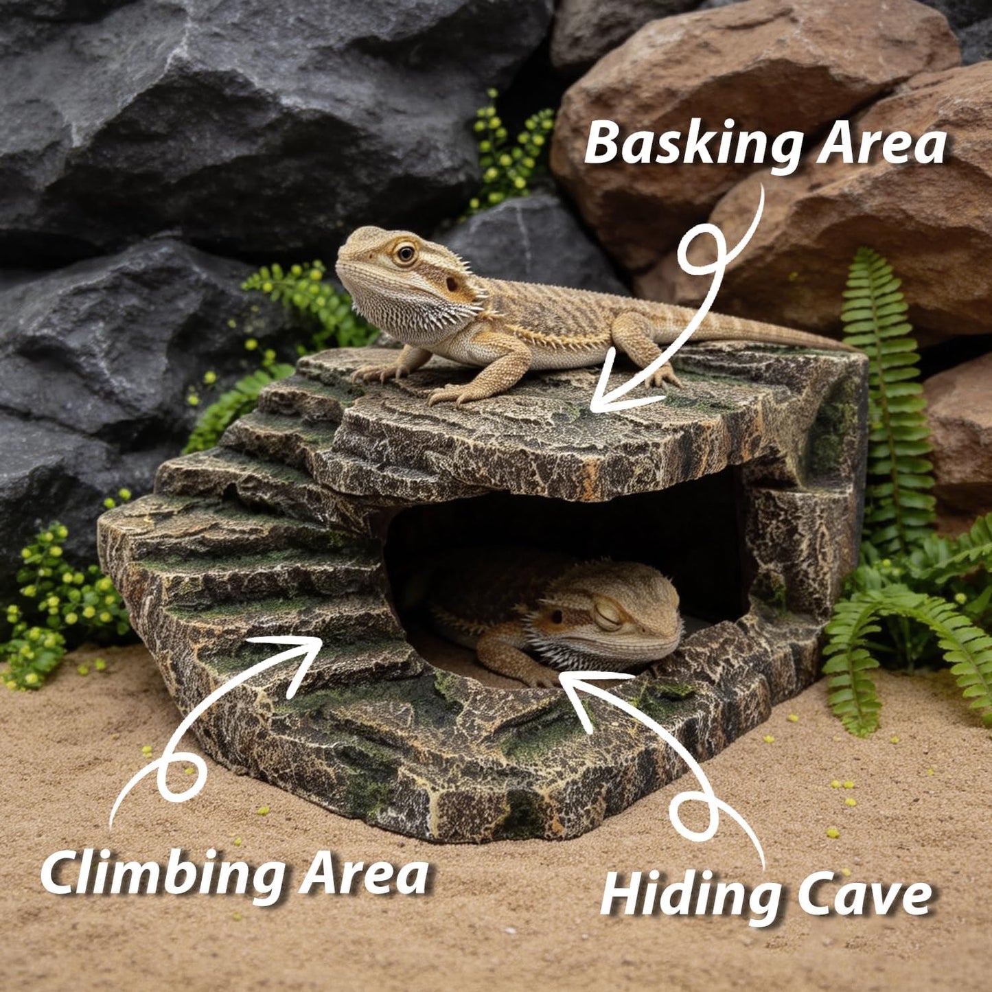 Resin Reptile Cave Hideout, Rock-Style Basking Platform, Aquarium and Terrarium Decor, Ideal for Reptiles, Amphibians and Fish
