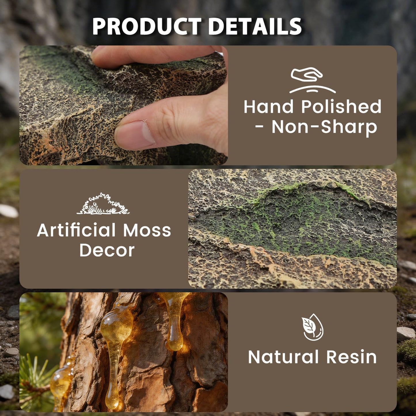 Resin Reptile Cave Hideout, Rock-Style Basking Platform, Aquarium and Terrarium Decor, Ideal for Reptiles, Amphibians and Fish