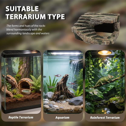 Resin Reptile Cave Hideout, Rock-Style Basking Platform, Aquarium and Terrarium Decor, Ideal for Reptiles, Amphibians and Fish