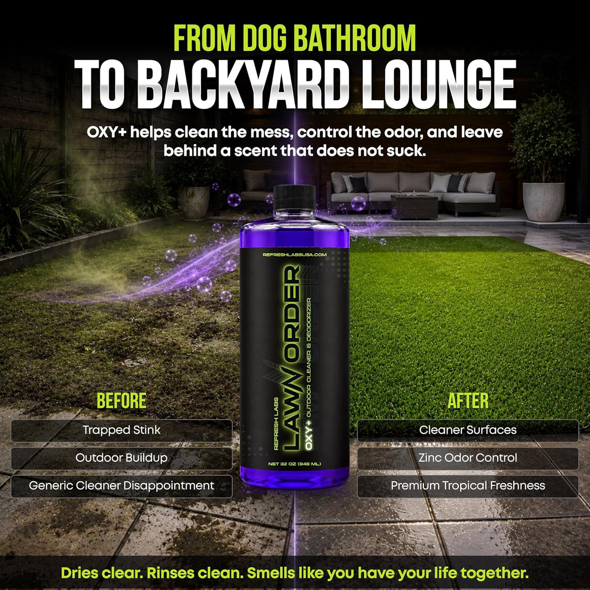 LawN Order Oxi+ Hydrogen Peroxide-Based Outdoor Turf Cleaner & Odor Eliminator for Artificial Grass, Dog Urine, Patios & Concrete (32 OZ)