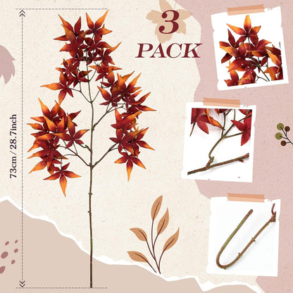 29" Fall Artificial Japanese Maple Leaves Stem Fake Fall Maple Leaves Stem Autumn Faux Bushes for Vase Farmhouse Table Centerpiece Halloween Thanksgiving Decor 3 Pcs(Orange Red)