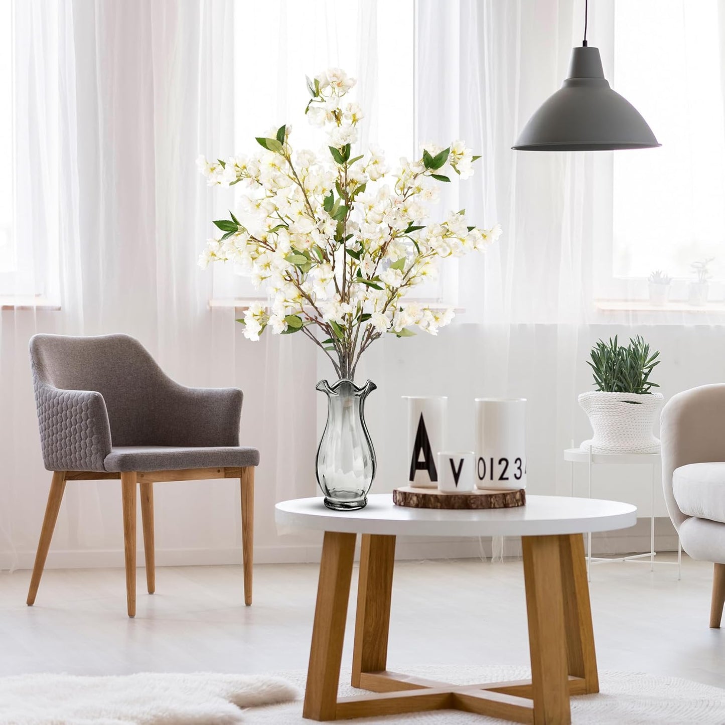 Artificial Cherry Blossom Flowers 3 Pcs Faux Cherry Blossom Stems Faux Silk Cherry Blossom Branches 35.4’’ Fake Flowers Long Stems for Vase Arrangements Home Wedding Table Decor (White)