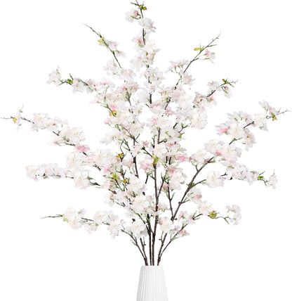 Artificial Cherry Blossom Flowers 3 Pcs Faux Cherry Blossom Stems Faux Silk Cherry Blossom Branches 35.4’’ Fake Flowers Long Stems for Vase Arrangements Home Wedding Table Decor (White)