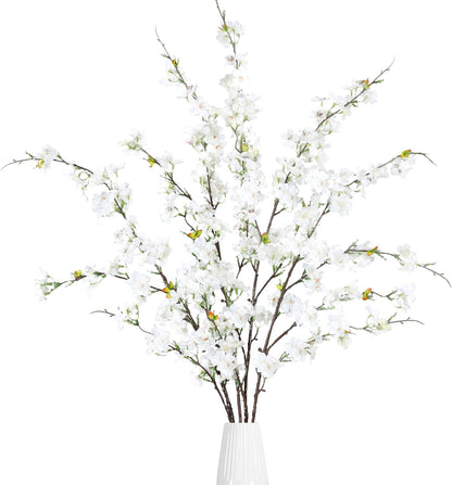 Artificial Cherry Blossom Flowers 3 Pcs Faux Cherry Blossom Stems Faux Silk Cherry Blossom Branches 35.4’’ Fake Flowers Long Stems for Vase Arrangements Home Wedding Table Decor (White)