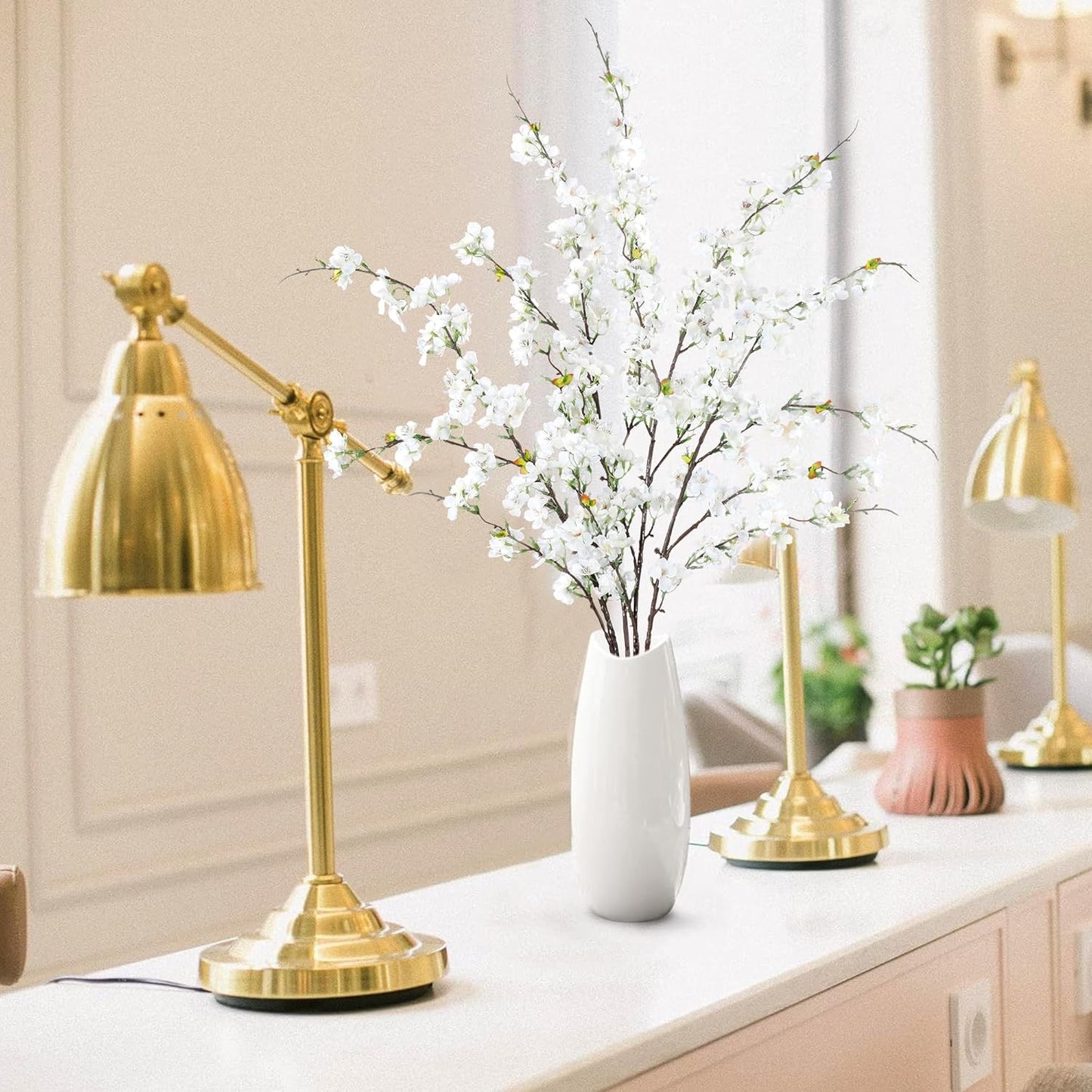 Artificial Cherry Blossom Flowers 3 Pcs Faux Cherry Blossom Stems Faux Silk Cherry Blossom Branches 35.4’’ Fake Flowers Long Stems for Vase Arrangements Home Wedding Table Decor (White)