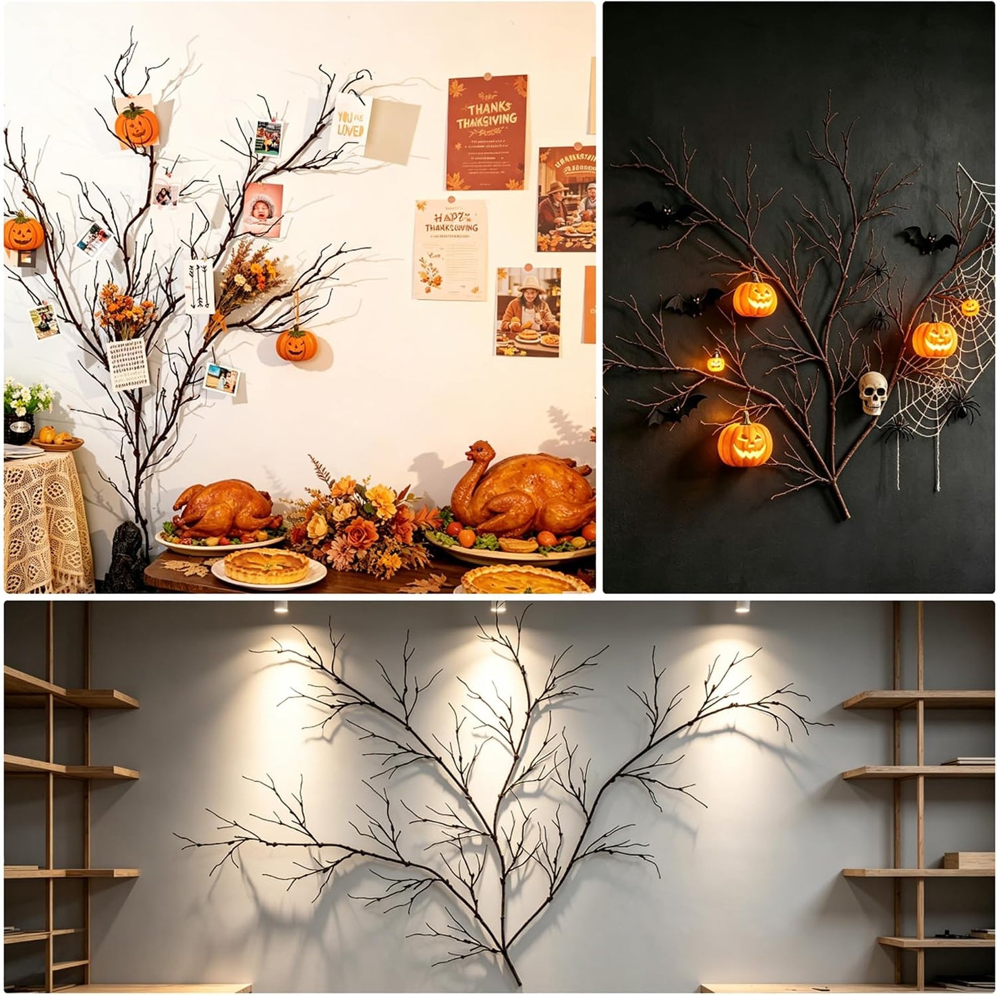 4Pcs Artificial Creepy Flexible Tree Branches Twigs Garland Halloween Decor | Bendable Faux Cherry Blossom Wood Craft Grape Cane Vines Plants Stick Wall Hanging Limbs For Jungle Event Decoration