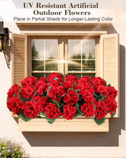 Artificial Flowers for Outdoors – of UV-Resistant Artificial Geraniums, Realistic Silk Flowers for Front Porch, Patio, Garden, Window Boxes & Hanging Baskets (Red, 6)