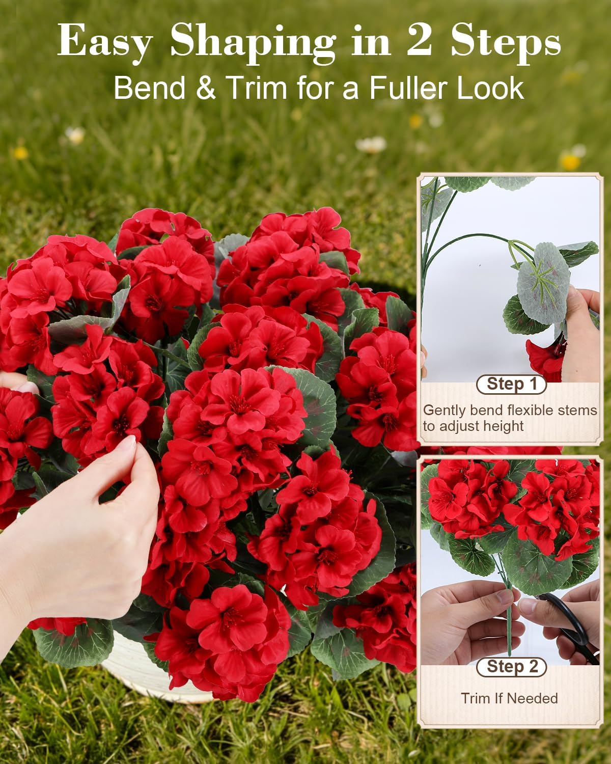 Artificial Flowers for Outdoors – of UV-Resistant Artificial Geraniums, Realistic Silk Flowers for Front Porch, Patio, Garden, Window Boxes & Hanging Baskets (Red, 6)