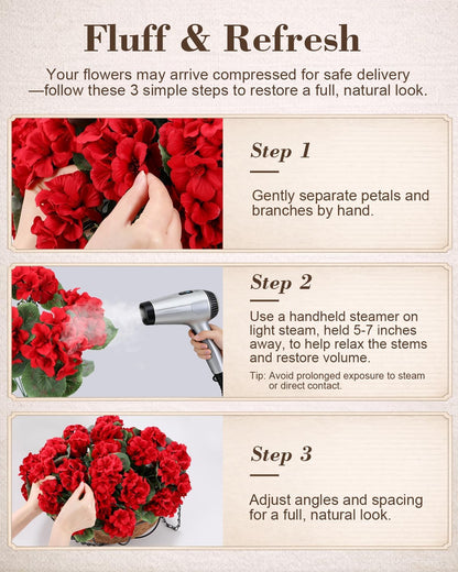 Artificial Flowers for Outdoors – of UV-Resistant Artificial Geraniums, Realistic Silk Flowers for Front Porch, Patio, Garden, Window Boxes & Hanging Baskets (Red, 6)