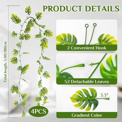 3PCS Fake Hanging Plants - 27.5" Uv Resistant Artificial Monstera Vines with 69 Ivy Leaves, Faux Monstera Plant for Wall Shelf Room Patio Garden Wedding Hawaiian Jungle Themed Party Decro