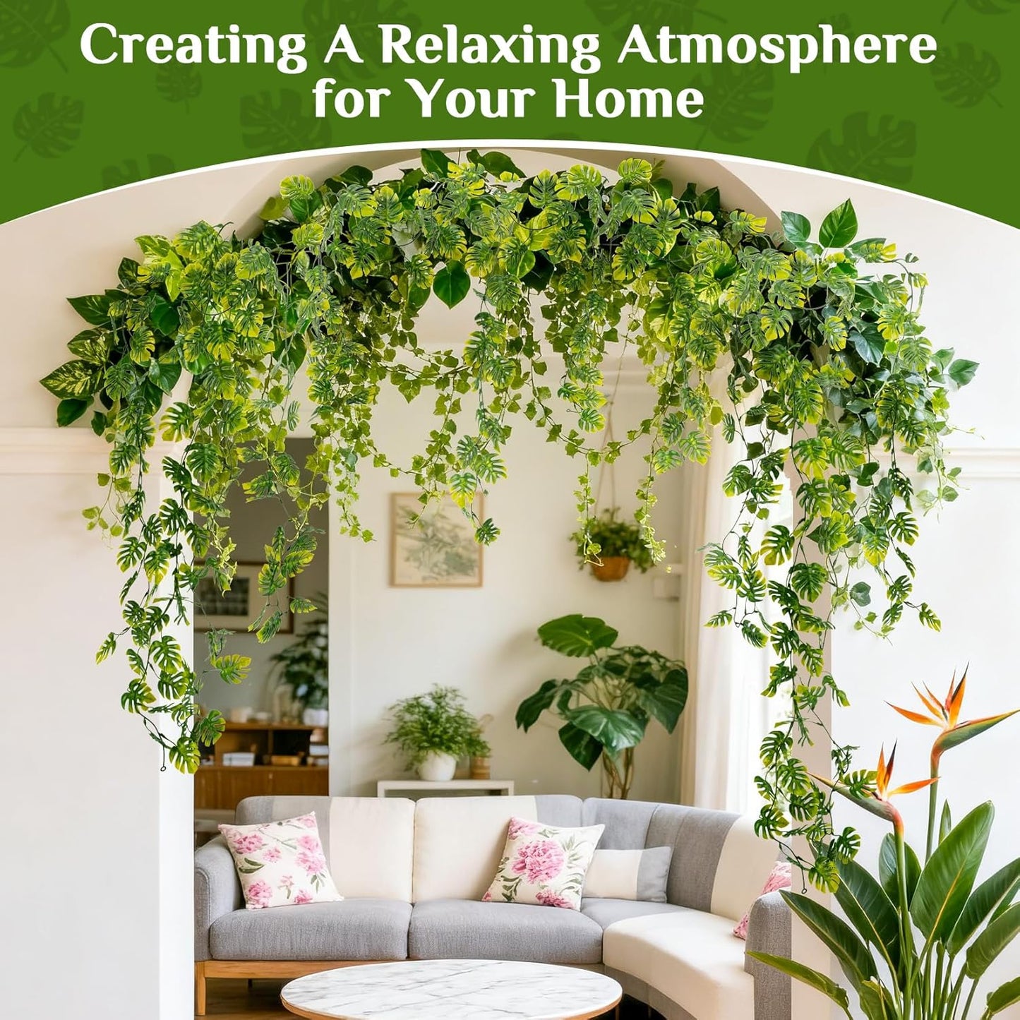 3PCS Fake Hanging Plants - 27.5" Uv Resistant Artificial Monstera Vines with 69 Ivy Leaves, Faux Monstera Plant for Wall Shelf Room Patio Garden Wedding Hawaiian Jungle Themed Party Decro