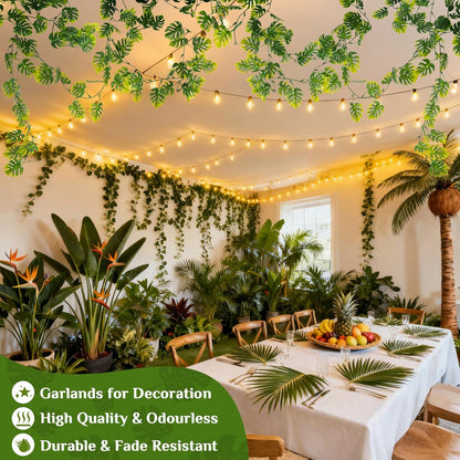 3PCS Fake Hanging Plants - 27.5" Uv Resistant Artificial Monstera Vines with 69 Ivy Leaves, Faux Monstera Plant for Wall Shelf Room Patio Garden Wedding Hawaiian Jungle Themed Party Decro
