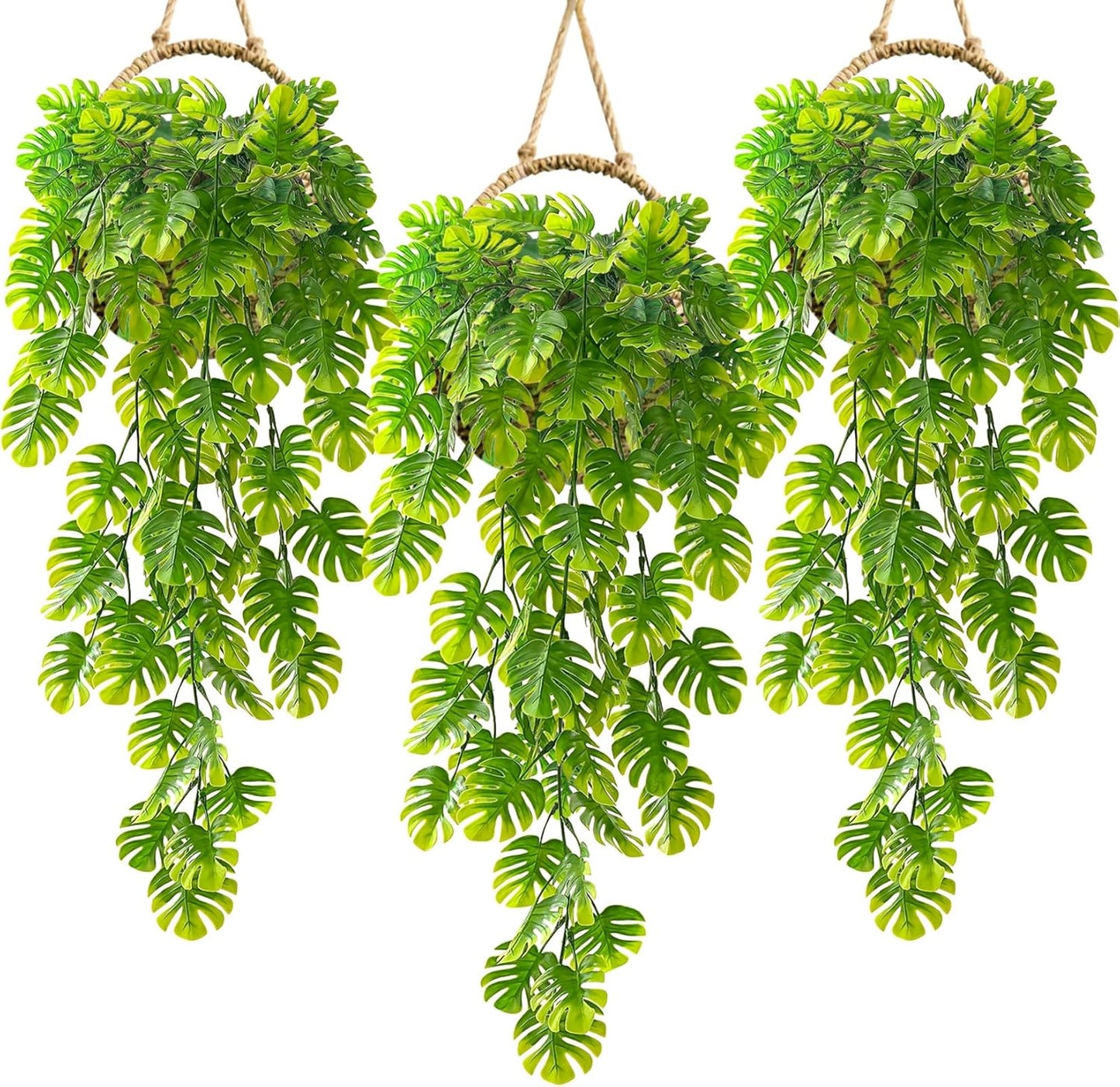 3PCS Fake Hanging Plants - 27.5" Uv Resistant Artificial Monstera Vines with 69 Ivy Leaves, Faux Monstera Plant for Wall Shelf Room Patio Garden Wedding Hawaiian Jungle Themed Party Decro